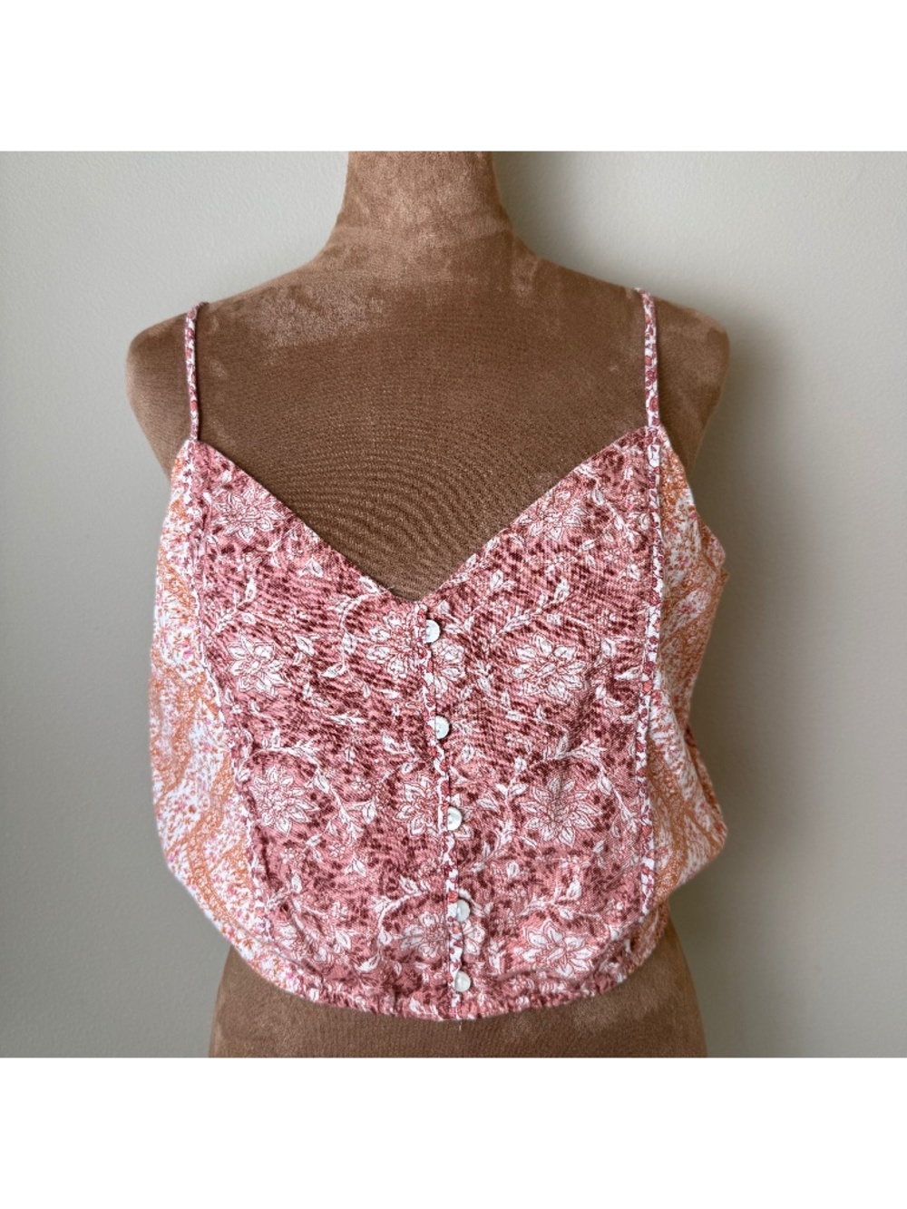 American Eagle Linen Blend Cropped Tank Top Women Medium Pink Orange Floral Boho